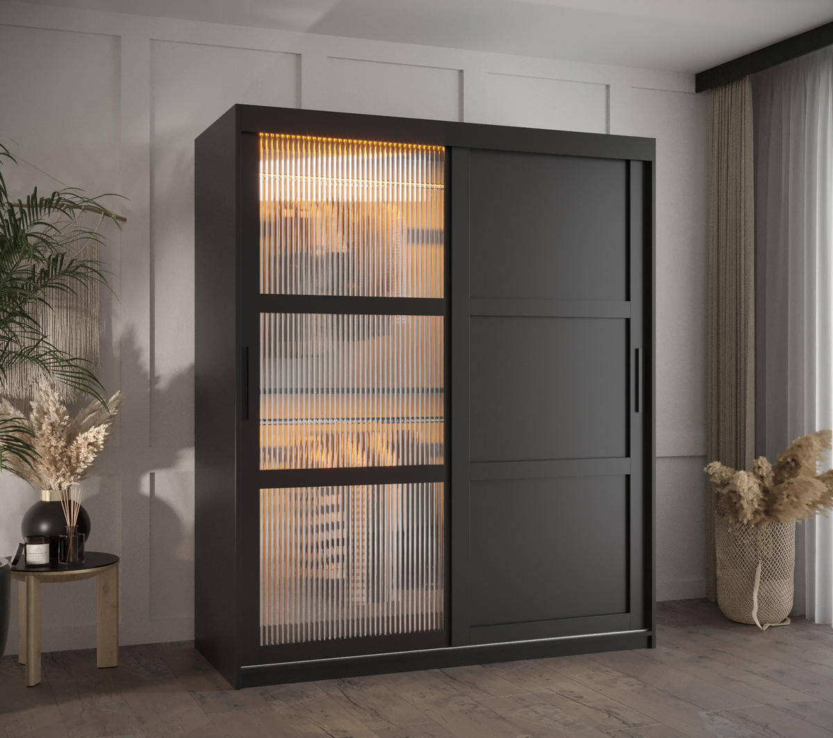 SCHWEBETÜRENSCHRANK 200/150/62 2-türig - Schwarz, Holz/Kunststoff (150/200/62cm) - Abiks Möbel