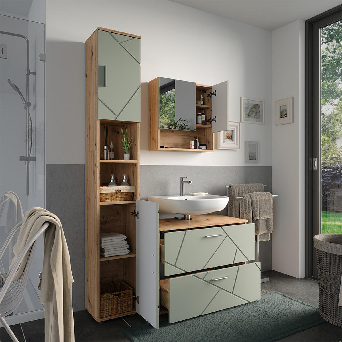 BADMÖBEL-SET Irma Salbeigrün 3 Teile - Salbeigrün, Holzwerkstoff (80/58.6/41cm) - Vicco