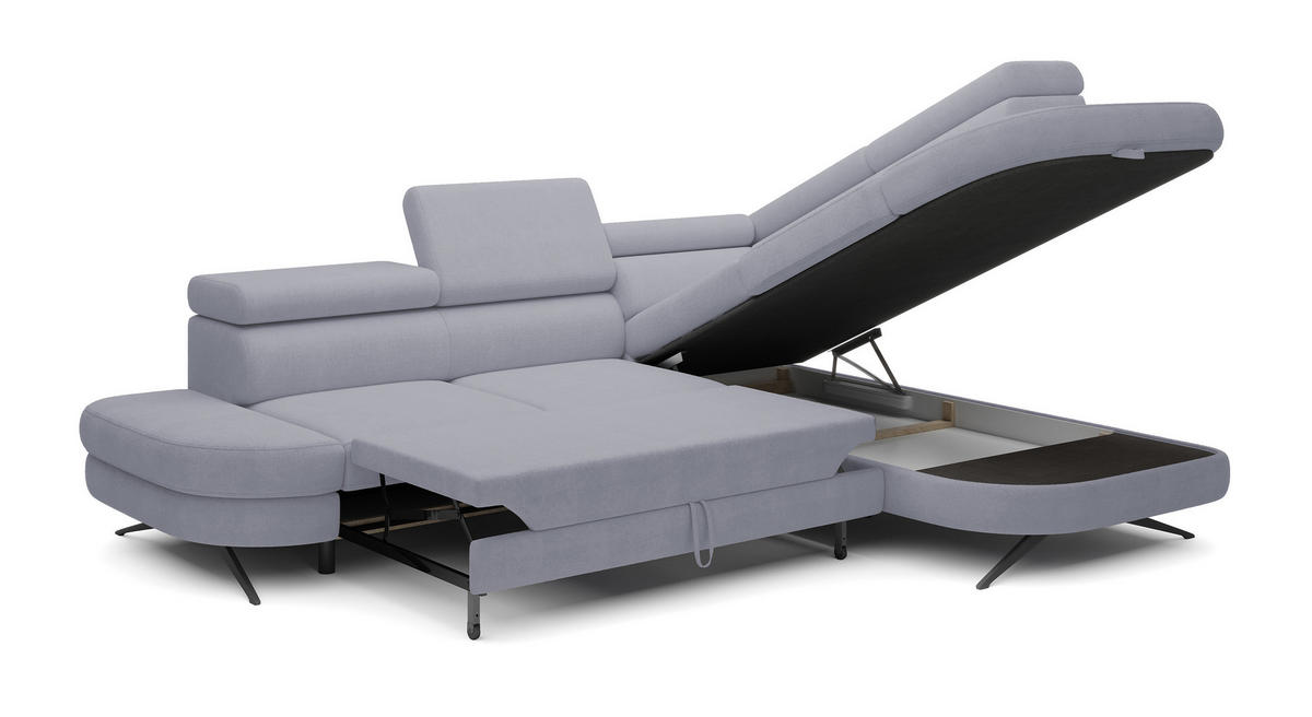 ECKSOFA OTIS L-förm, Schlaffunktion, verstellbare Kopfstützen, in AURORA-Stoff, lose Rückenkissen, freistehend, RECHTS 276x218x97 cm Light Grey - Hellgrau, Holz/Textil (276/218cm) - DomoHome