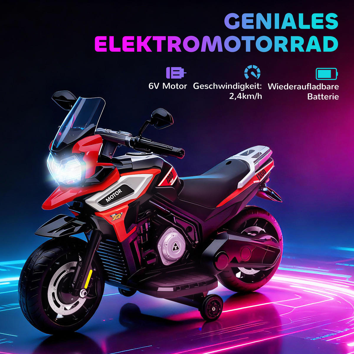 ELEKTRO-MOTORRAD mit 2 Hilfsrädern 6V, Rot - Rot, Kunststoff (85.5/44.5/56cm) - AIYAPLAY