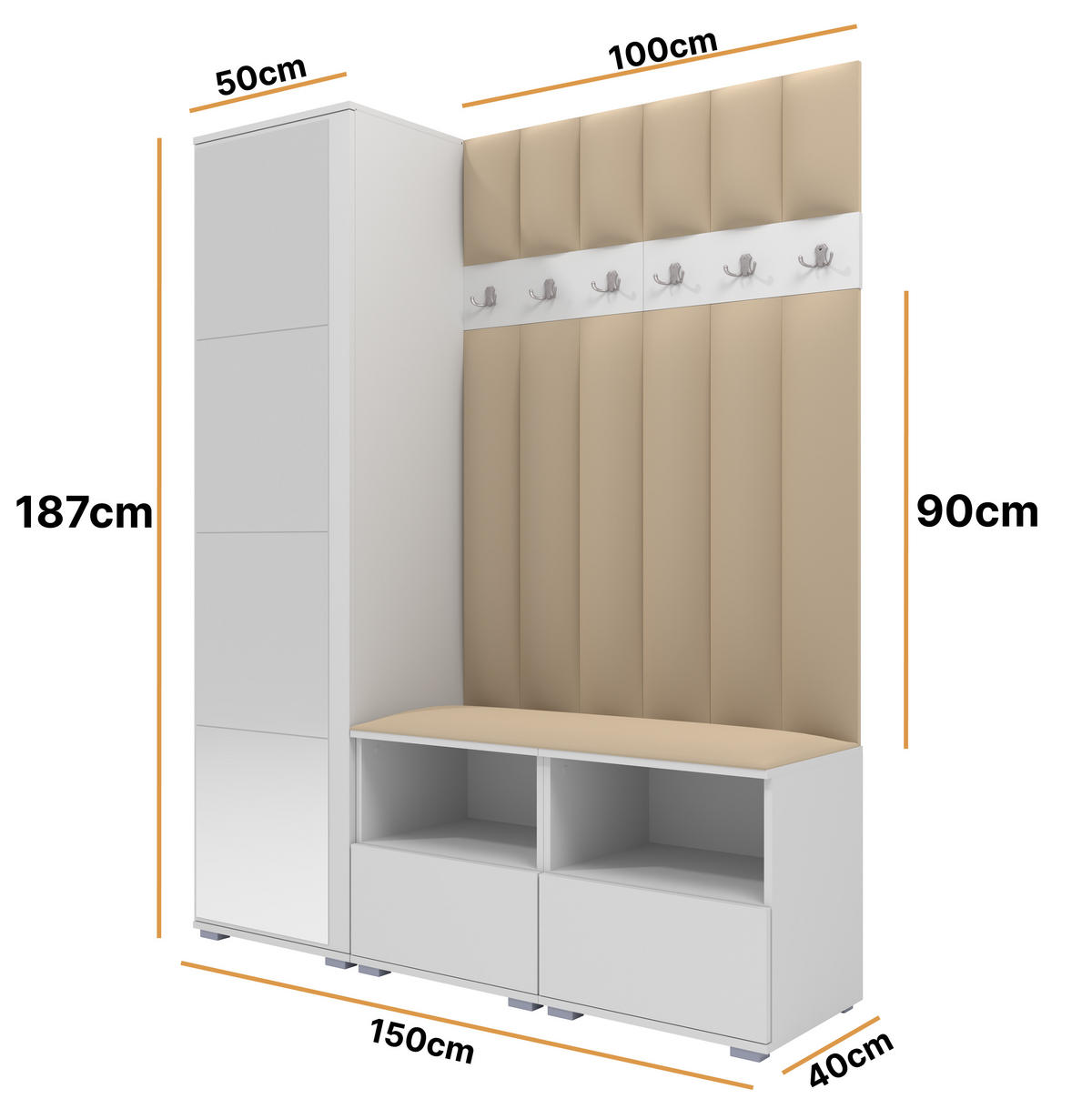 GEPOLSTERT Garderoben-Set Nela II LUX (Spiegel – Farbe Weiß + Stoff Trinity 04) - Beige/Silberfarben, Holz/Holzwerkstoff (150/187/40cm) - Ravio