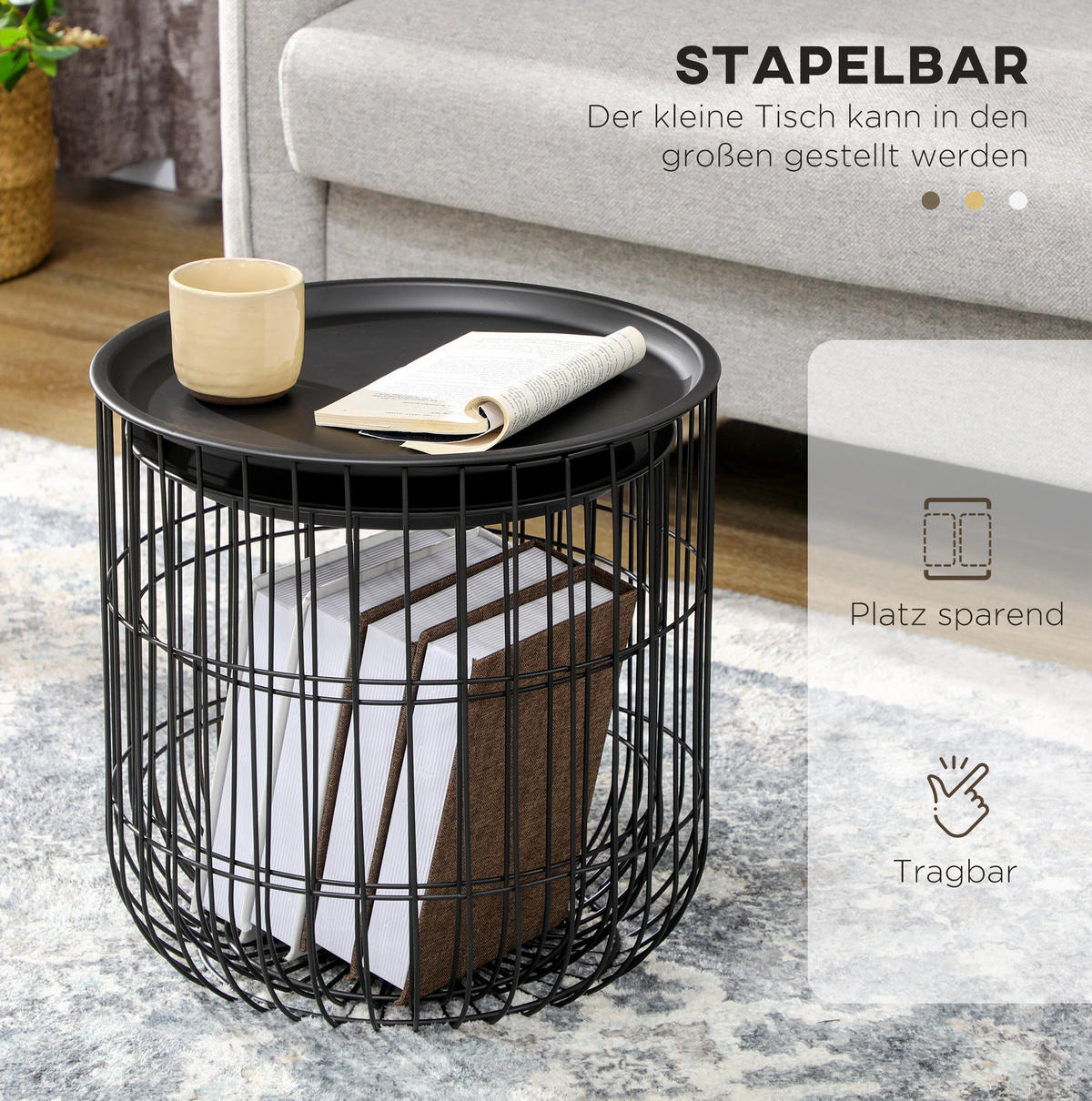 COUCHTISCH-SET 40/40/40 cm schwarz stapelbar mit abnehmbarer Tischplatte aus Stahl - Schwarz, Metall (40/40/40cm) - OKWISH