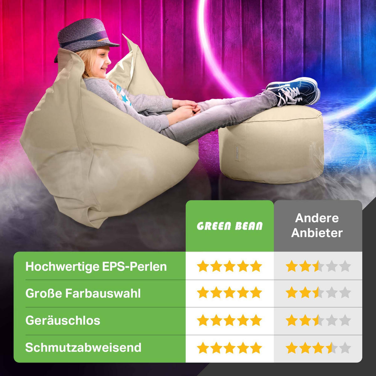 SITZSACK-HOCKER Pouf "Stay" 45x25cm - Beige, Textil (45/25/45cm) - Green Bean