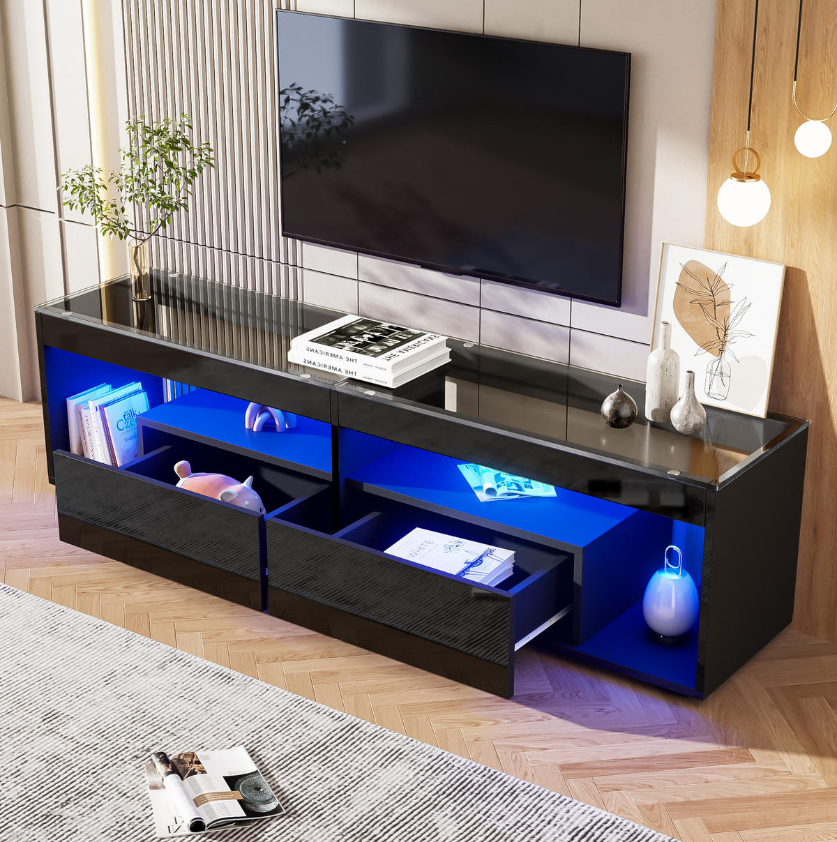TV-SCHRANK in Hochglanz Schwarz mit LED und 2 Schubladen 180/40/46 cm - Schwarz, Holzwerkstoff (180/46/40cm) - Redom