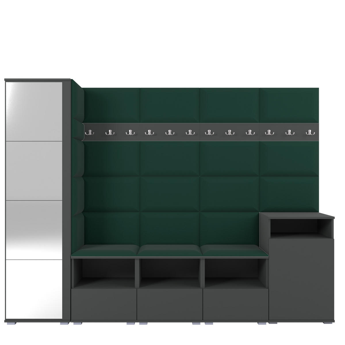 GARDEROBE NELA XI 250 cm (Modulare Flurmöbel Graphit mit Spiegel & Sitzpolster Flaschengrün 28 Großes Set) - Dunkelgrün/Silberfarben, Holz/Holzwerkstoff (250/187/40cm) - Ravio