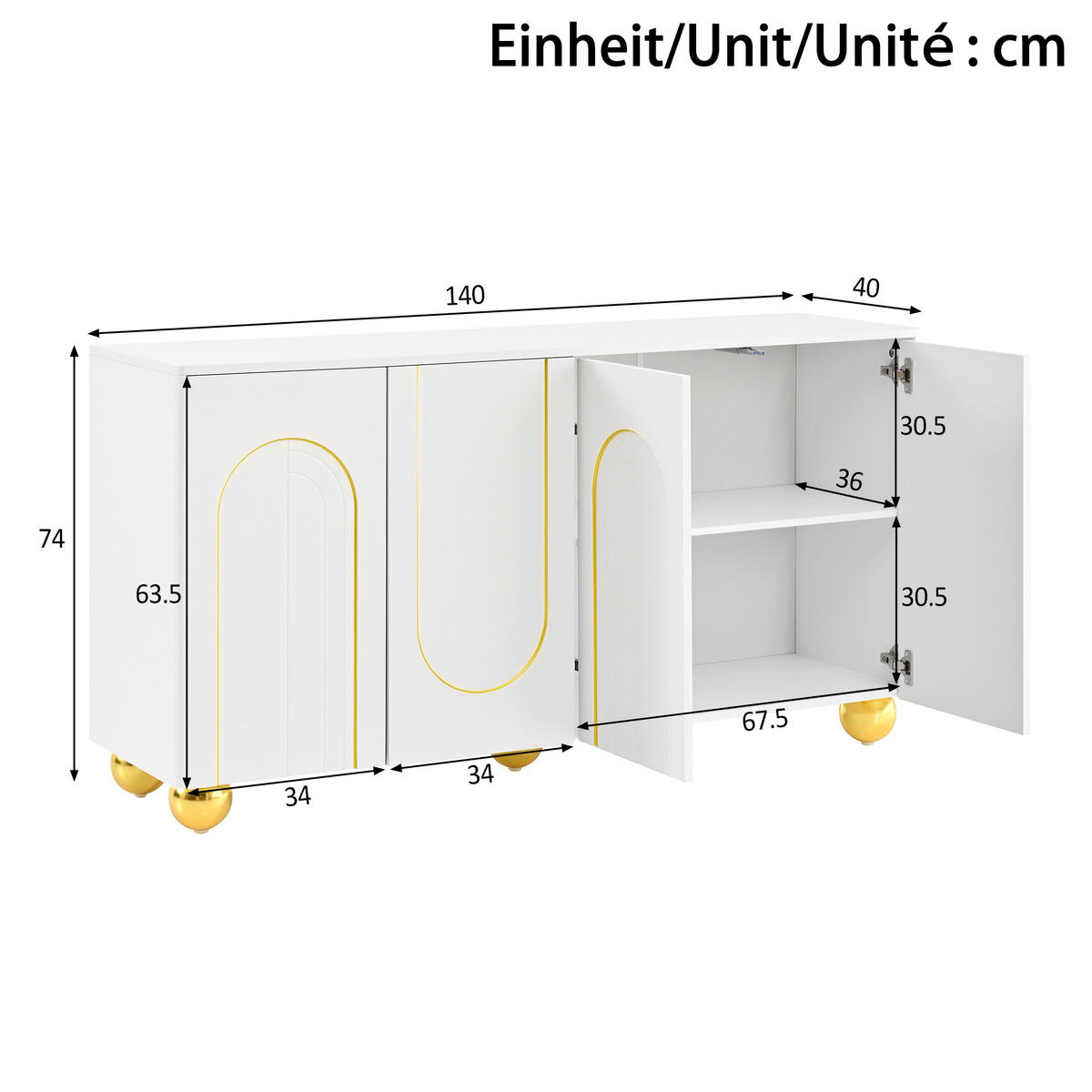 SIDEBOARD 4 Türen Goldlinien Design Metallfüße Modern Schrank - Weiß, Holzwerkstoff (140/74/40cm) - FLIEKS