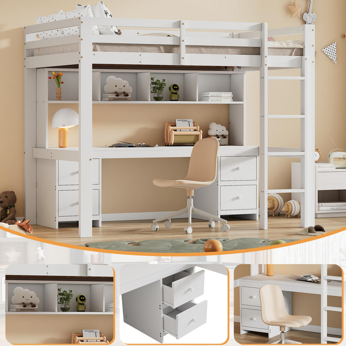 HOCHBETT 90/200 cm in Weiß – mit Schreibtisch, Stauraum und Rausfallschutz - Weiß, Holz (90/200cm) - BEAOK