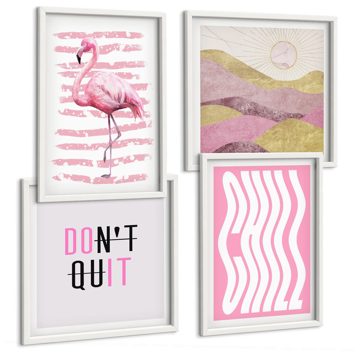 BILDER SET 4er Set - 50x50 cm & 40x60 cm Weißer Rahmen - Pastellfarbene Berglandschaft mit rosa Flamingos - Weiß, Kunststoff (50/50cm) - TULUP