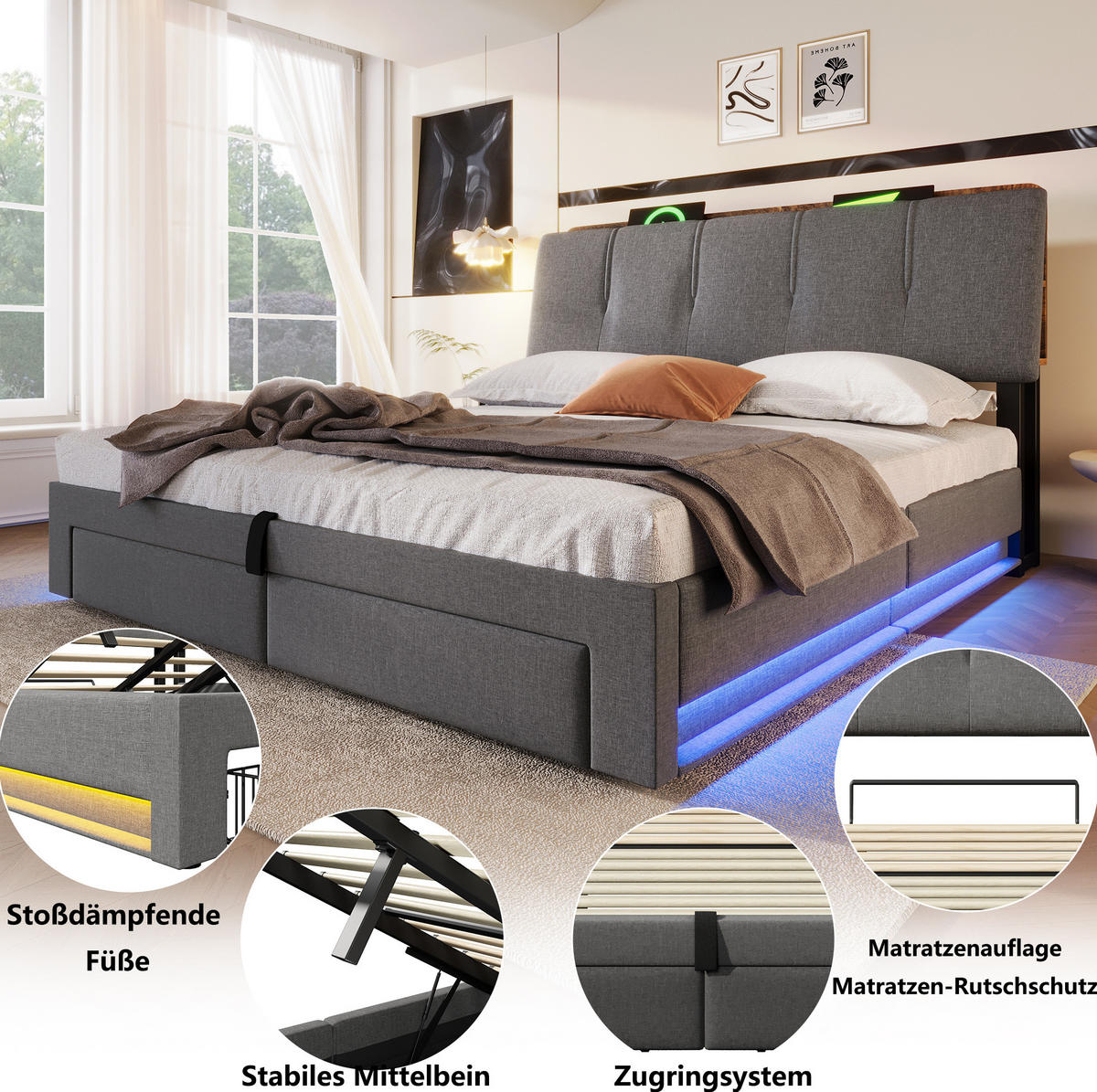 POLSTERBETT 140/200 cm Grau mit LED, USB-C, Bettkasten und Schubladen aus Leinen - Grau, Textil (140/200cm) - OKMYHOME