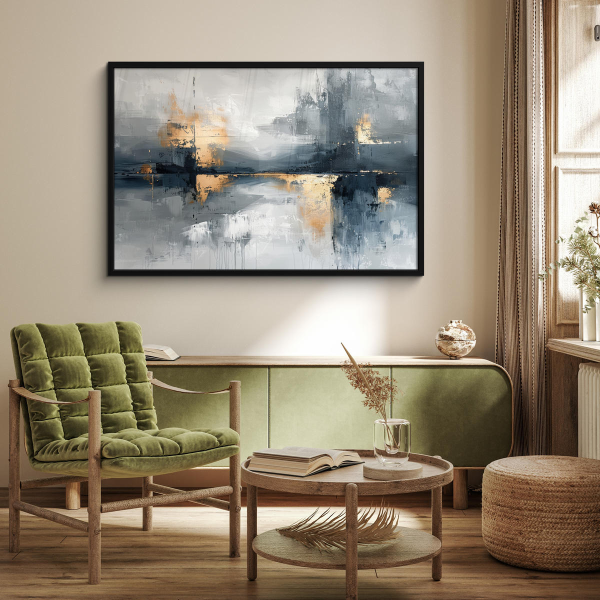 ZARÁMOVANÝ PLAGÁT Umenie - sivé - zlaté - abstraktné 120x80 cm - tmavosivá, papier (120/80cm) - MuchoWow