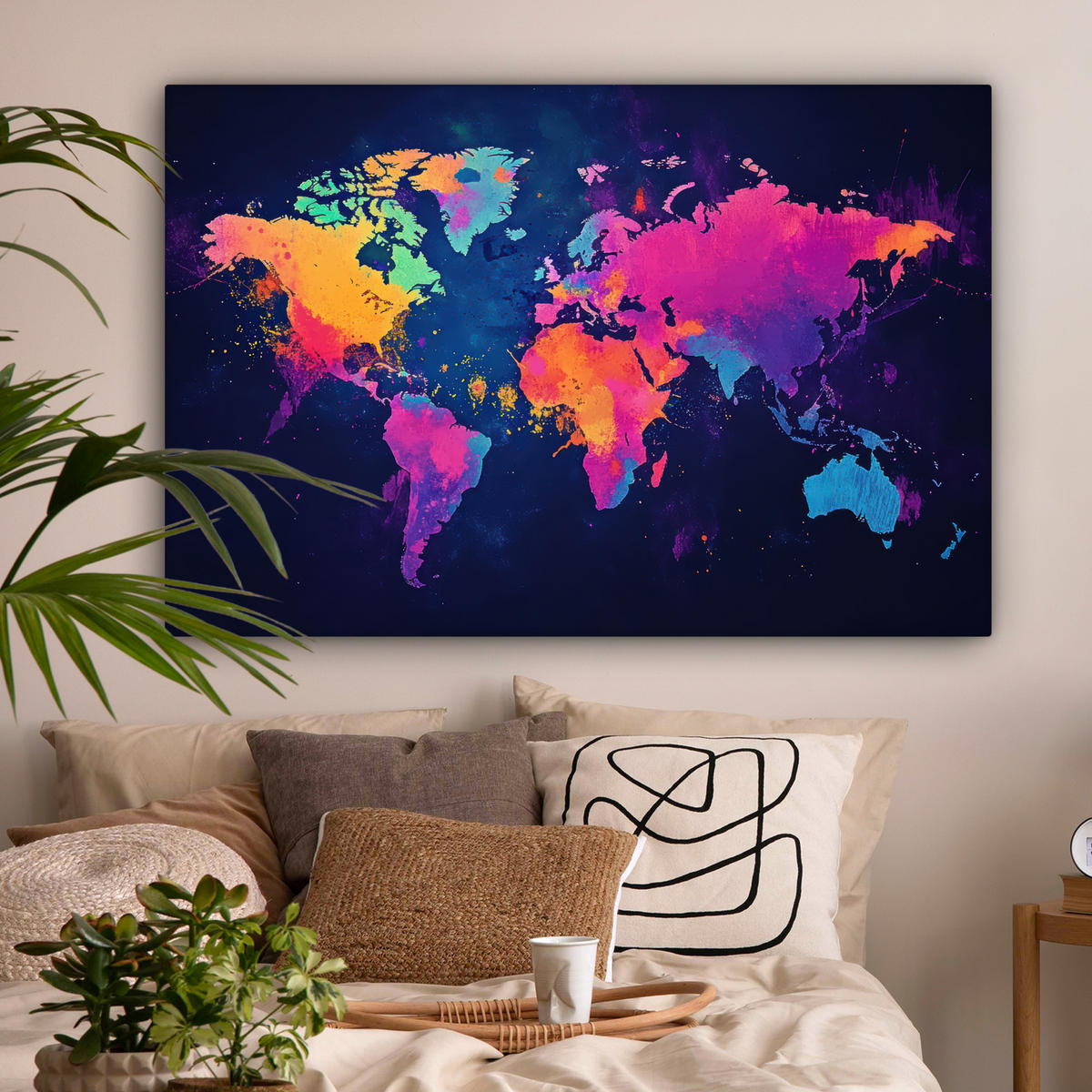 LEINWANDBILD Weltkarte - Bunt - Graffiti Wohnzimmer Groß 120x80 cm - Multicolor, Textil (120/80cm) - MuchoWow