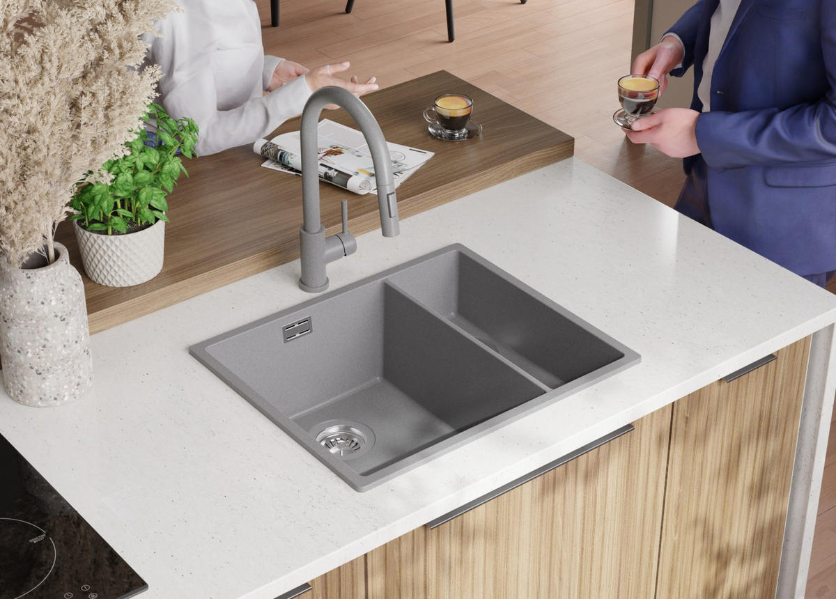 GRANITSPÜLE London Slim Duo, 2-er set Grau 56/47 cm 1,5 Becken + Küchenarmatur 38/14 cm + Ablauf-Set ab 60er Unterschrank - Chromfarben/Grau, Kunststoff (56/20/47cm) - Primagran