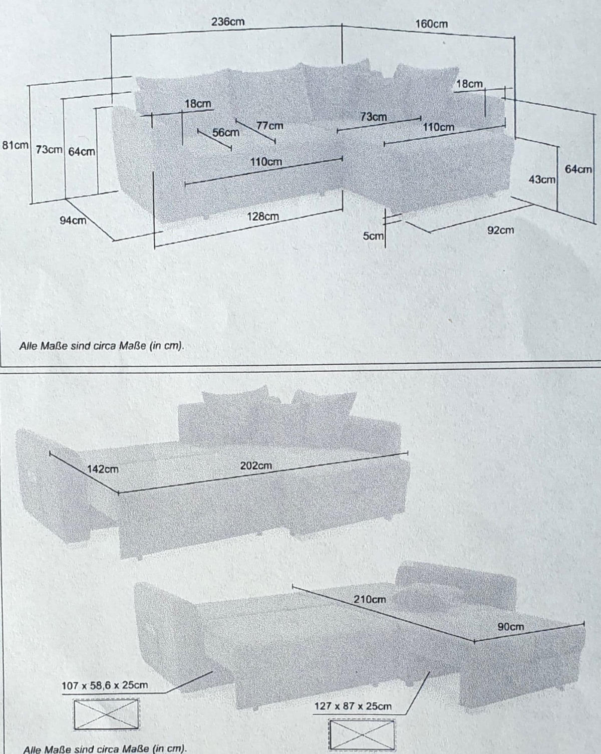 ECKSOFA mit Schlaffunktion und Bettkasten, seitenverkehrt montierbar B236/T160/H81 cm, Liegefl. 142x202 cm, Cord Grau Anthrazit / 15202 - Chromfarben/Schieferfarben, Kunststoff/Textil (236/160cm) - luma-home