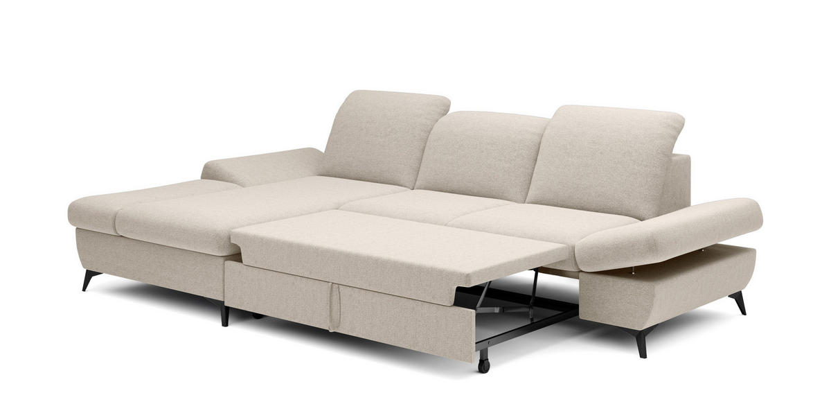 ECKSOFA FELICE L-S Creme Geflochtener Stoff mit Schlaffunktion - Creme, Holz (284/166cm) - MASSENO