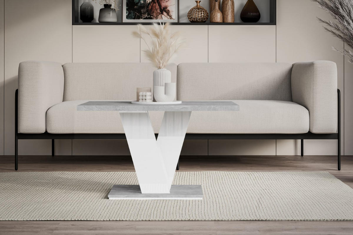 KAFFEETISCH 100x70x60 cm - Hochglanz Weiß / Betonoptik - ASIV MINI - Grau, Holzwerkstoff (100/70/60cm) - ALTDECOR