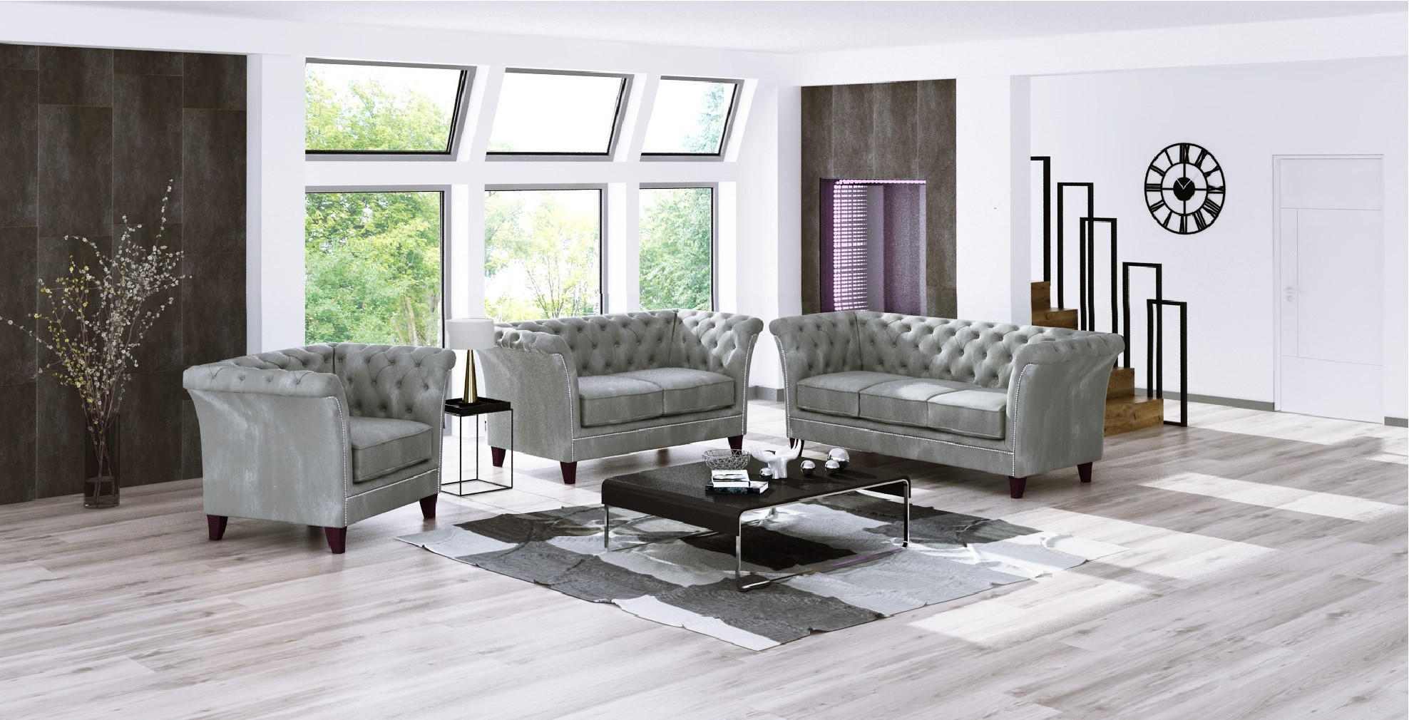 SITZGARNITUR 3+2+1 Chesterfield Fusion Grau Samt - Braun/Grau, Holz/Textil (237/75/82cm) - S-Style Möbel