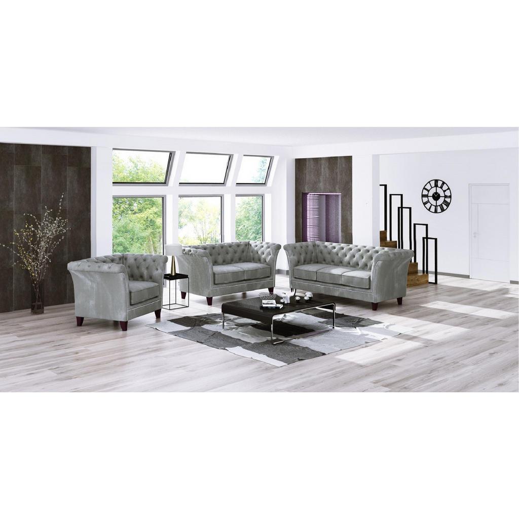 Thumbnail - S-Style Möbel Chesterfield-Sessel, Grau, Textil, Echtholz,Buche, Birke, 1-Sitzer, Füllung: Polyetherschaumkern, 116x75x8...