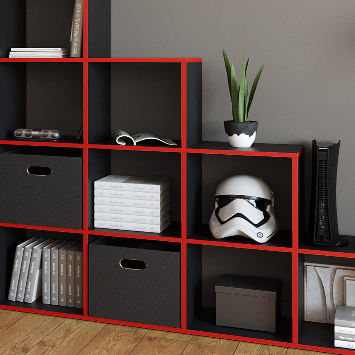 TREPPENREGAL Schwarz/Rot 142.5 x 140 cm - Rot/Schwarz, Holzwerkstoff (142.5/140/29cm) - Vicco