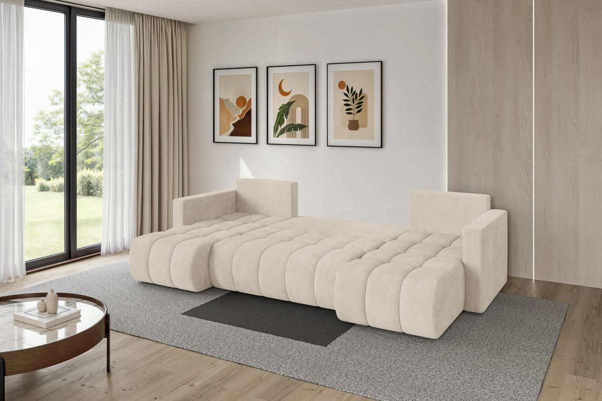 SEDACÍ SOUPRAVA DO U s funkcí spaní a úložným prostorem GARD-U 300x146x85 béžová manšestr - černá/béžová, kompozitní dřevo/textil (300/85/146cm) - ALTDECOR