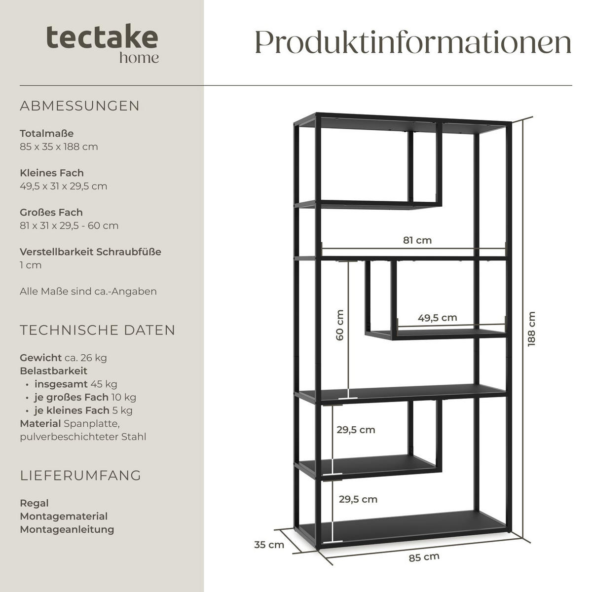 STANDREGAL Venda, inklusive Kippschutz, 85 x 35 x 188 cm , schwarz - Schwarz, Holzwerkstoff (85/188/35cm) - tectake