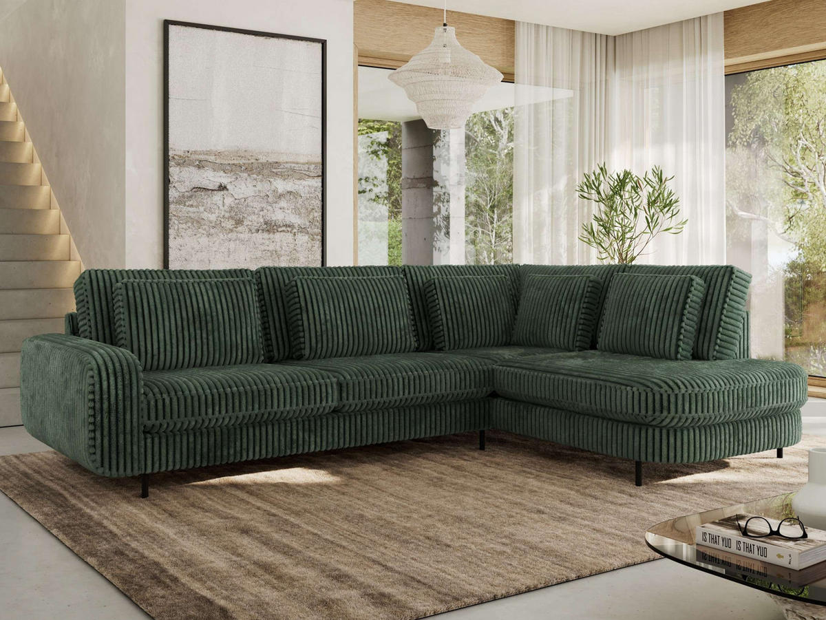 ROHOVÁ SEDAČKA CALENO L - Zelený Manšestr - Levá Strana - černá/tmavě zelená, kov/textil (317/225cm) - MKS