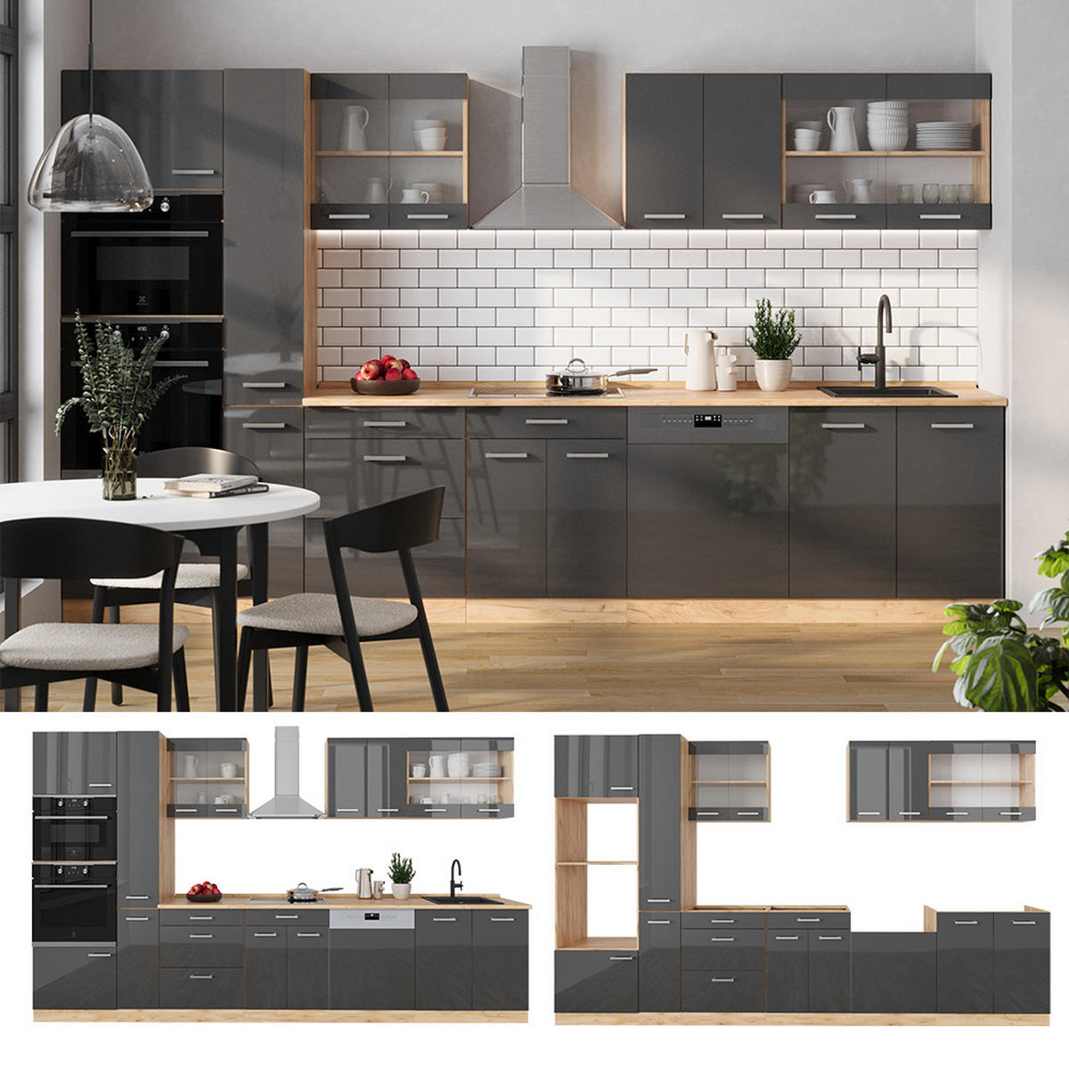 KÜCHENZEILE R-Line Anthrazit Hochglanz/Goldkraft Eiche 350 cm AP Anthrazit - Anthrazit/Eiche Wotan, Holzwerkstoff (350/81.6/60cm) - Vicco