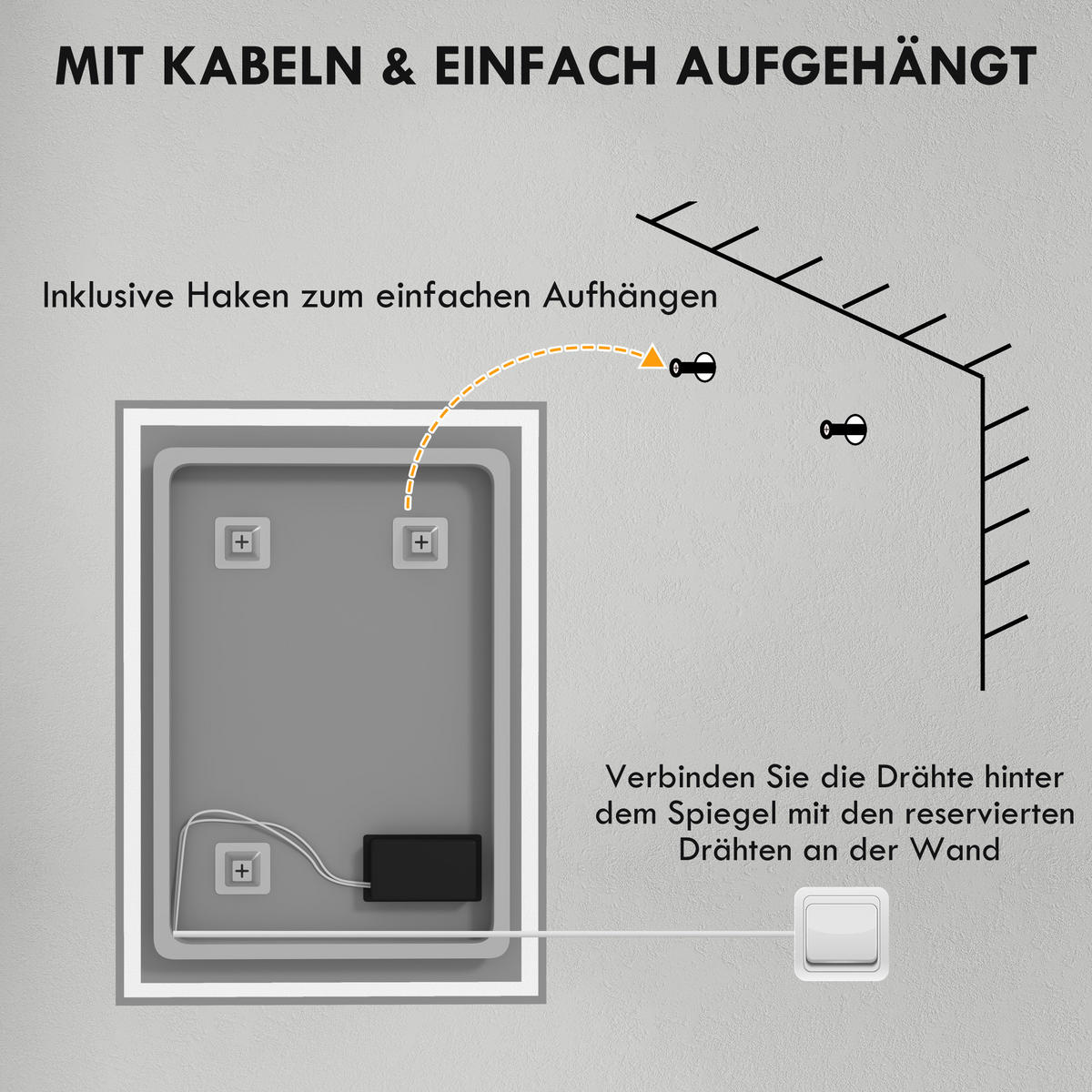 BADSPIEGEL, mit LED-Leuchte, 70 x 50 cm, beschlagfrei, mit Touchschalter, IP44 - Silberfarben, Glas (70/4/50cm) - HOMCOM