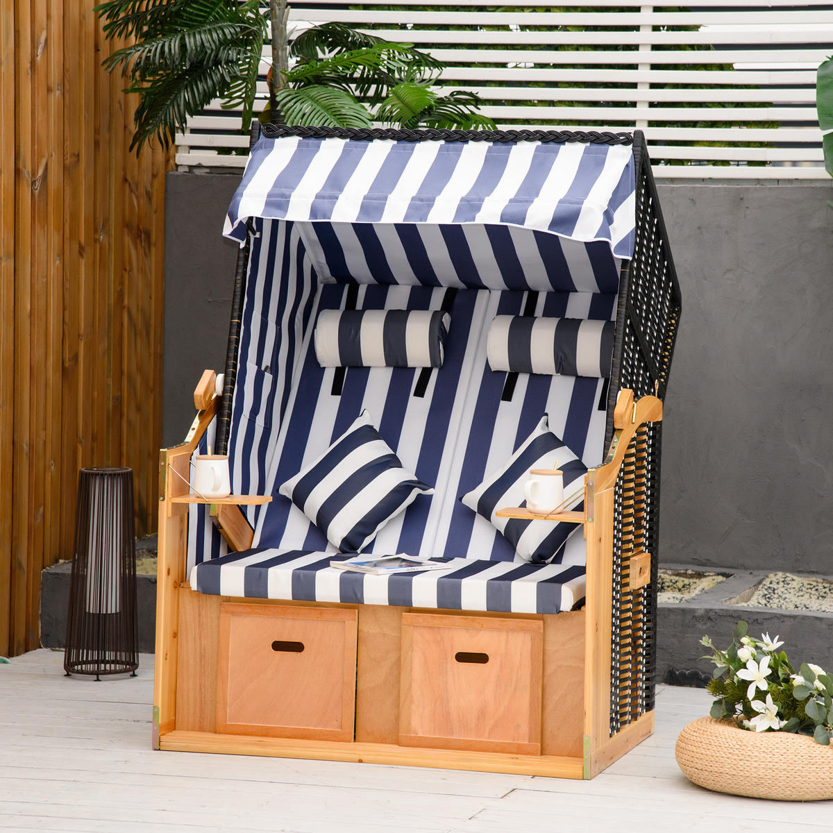 STRANDKORB DE-06791 doppelt mit Dach & Klapptisch Blau - Blau/Weiß, Holz/Kunststoff (118/160/79cm) - ComfortXL