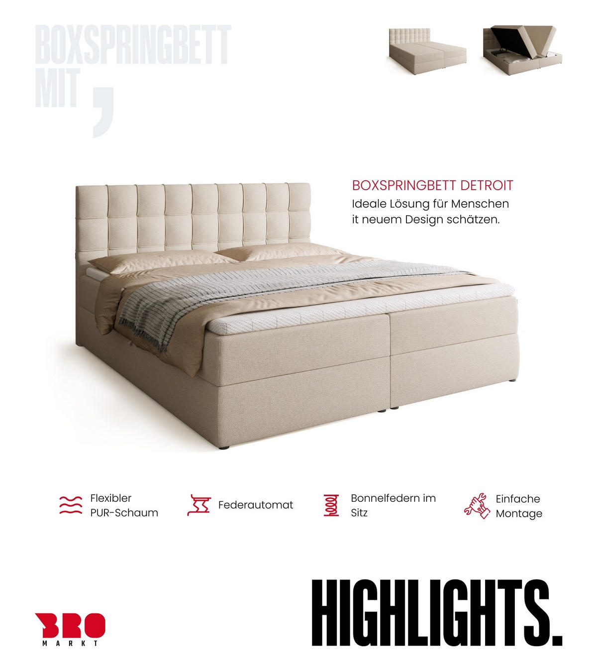 BOXBETT Detroit mit Topper 180/200 Ecru - Ecru, Holzwerkstoff/Textil (180/200cm) - Bromarkt
