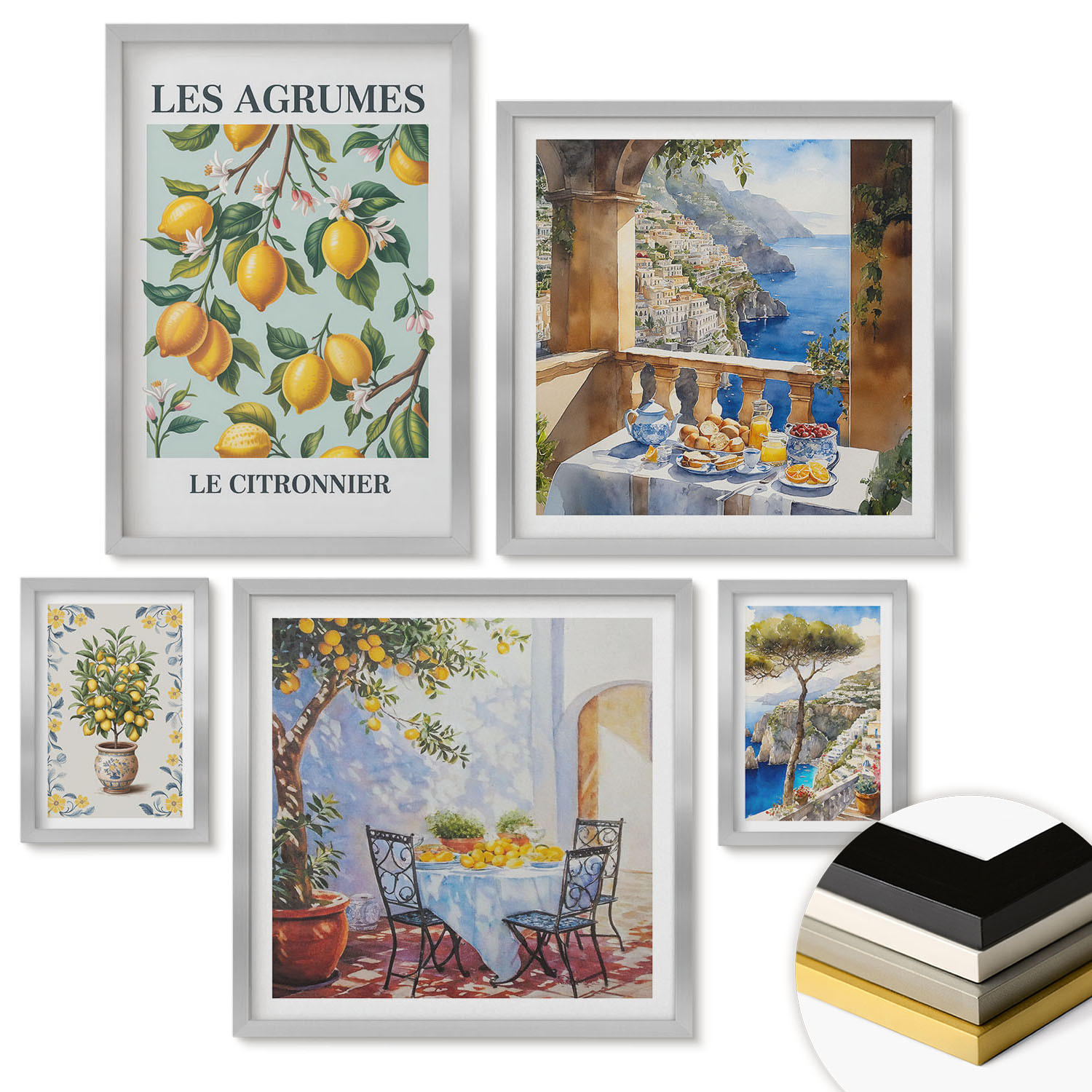 WANDBILDER 5er Set - 50x50 cm & 20x30 cm & 40x60 cm Silberner Rahmen - Küchenkräuterpflanzen Beschriftungen - Silberfarben, Kunststoff (40/60cm) - ArtPrintCave