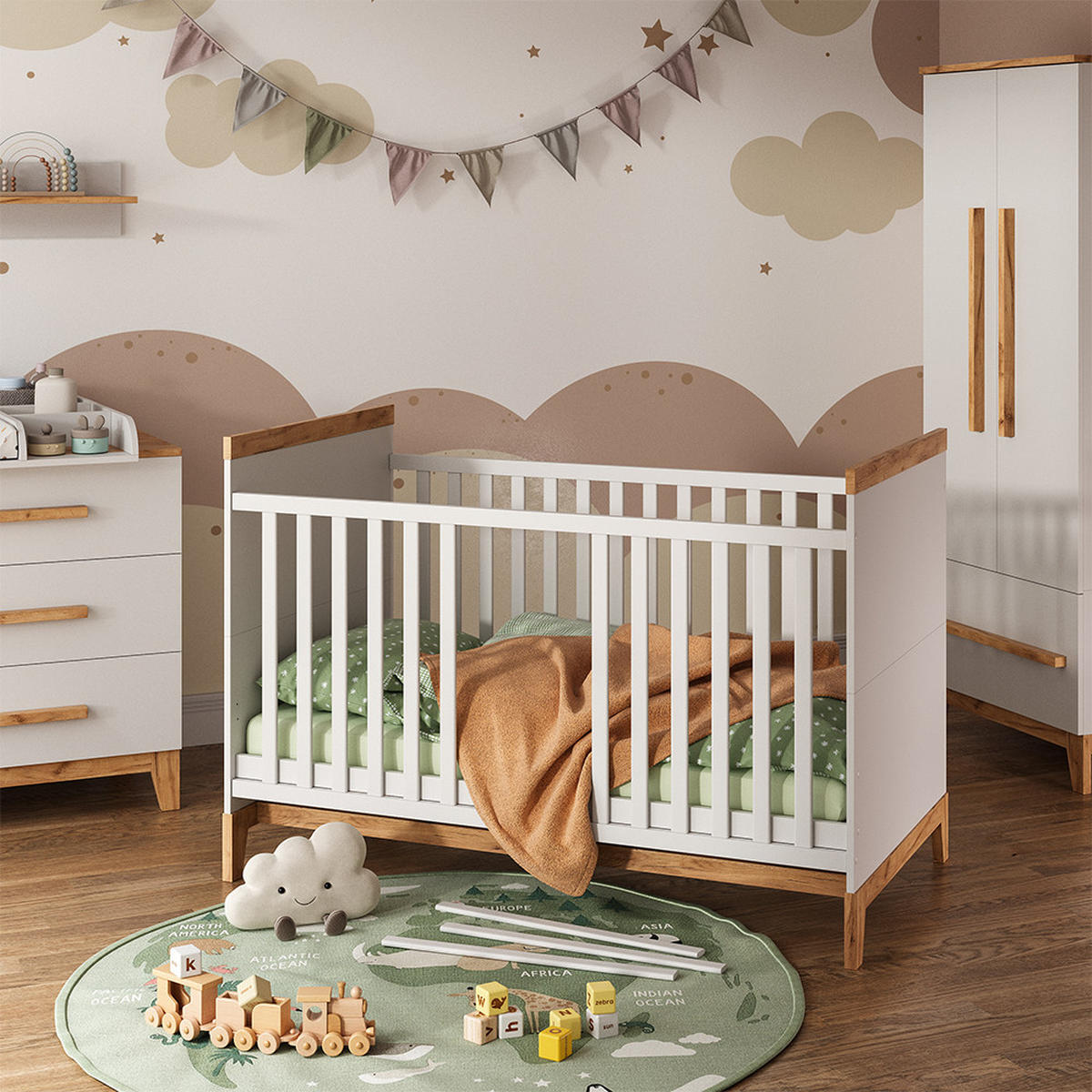 BABYBETT Malia Weiß/Artisan 70x140 cm - Hellgrau/Weiß, Holzwerkstoff - VitaliSpa