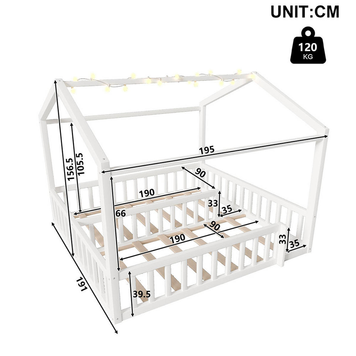 KUĆNI KREVET 180x190 cm, bijeli s LED perlama - bijela, drvo (180/190cm) - KOMHTOM