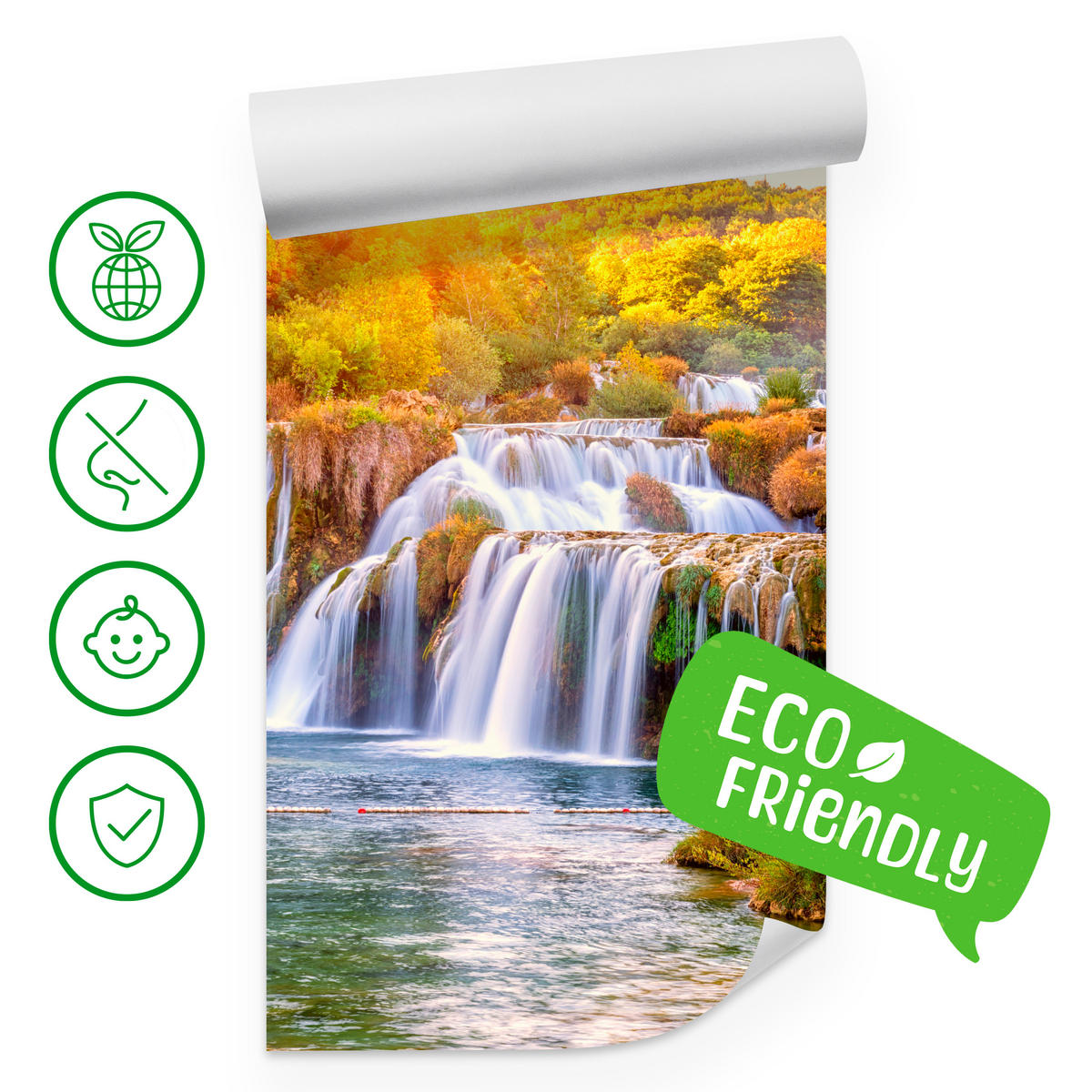 FOTOTAPETE für Esszimmer Wasserfall Sonnenaufgang Morgenlicht Bäume 300x210 - Gelb/Beige, Papier (300/210cm) - Muralo