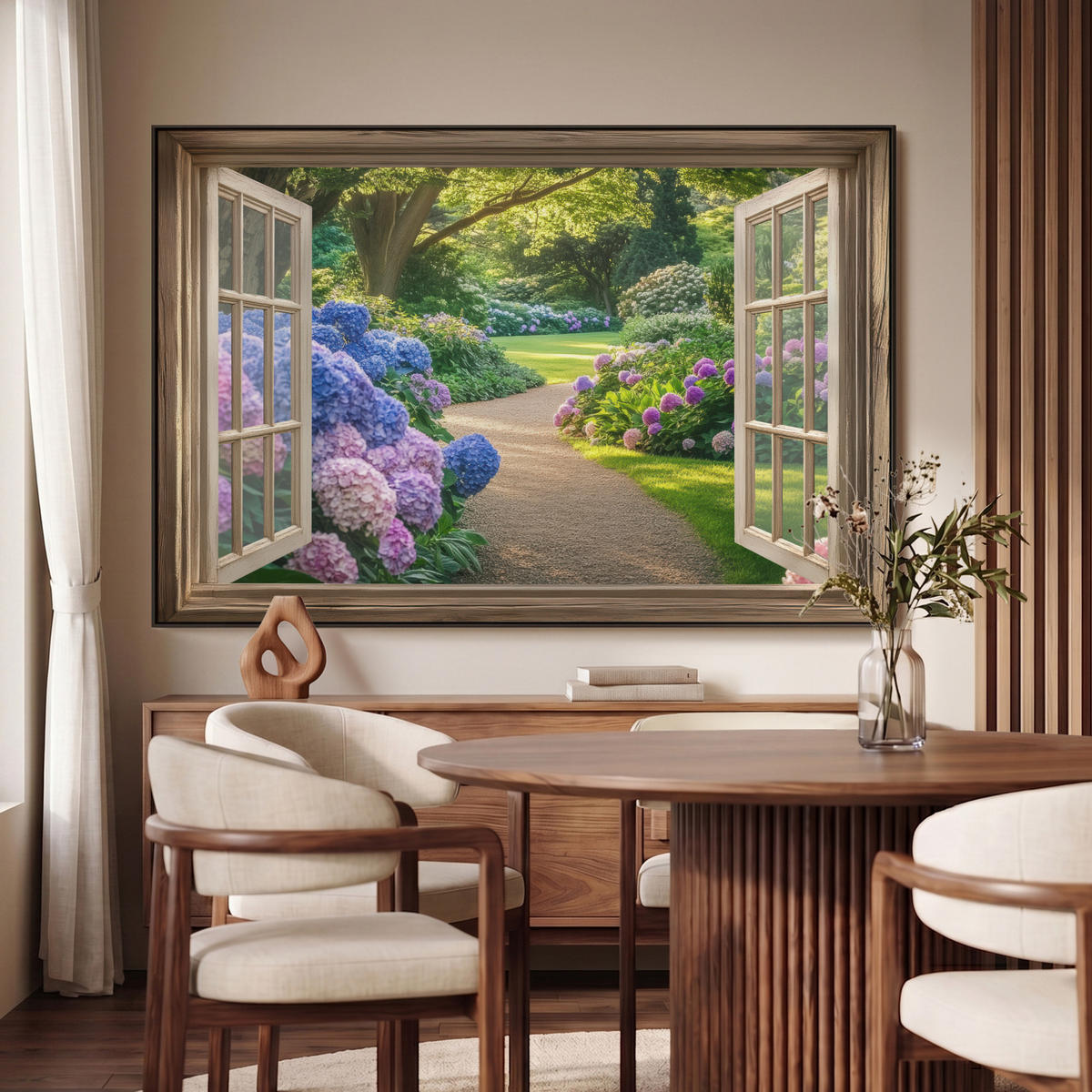 LEINWAND Bilder mit Rahmen - Aussicht - Garten - Fenster - Hortensie - Blumen - 150x100 - Pastellblau, Textil (150/100cm) - MuchoWow