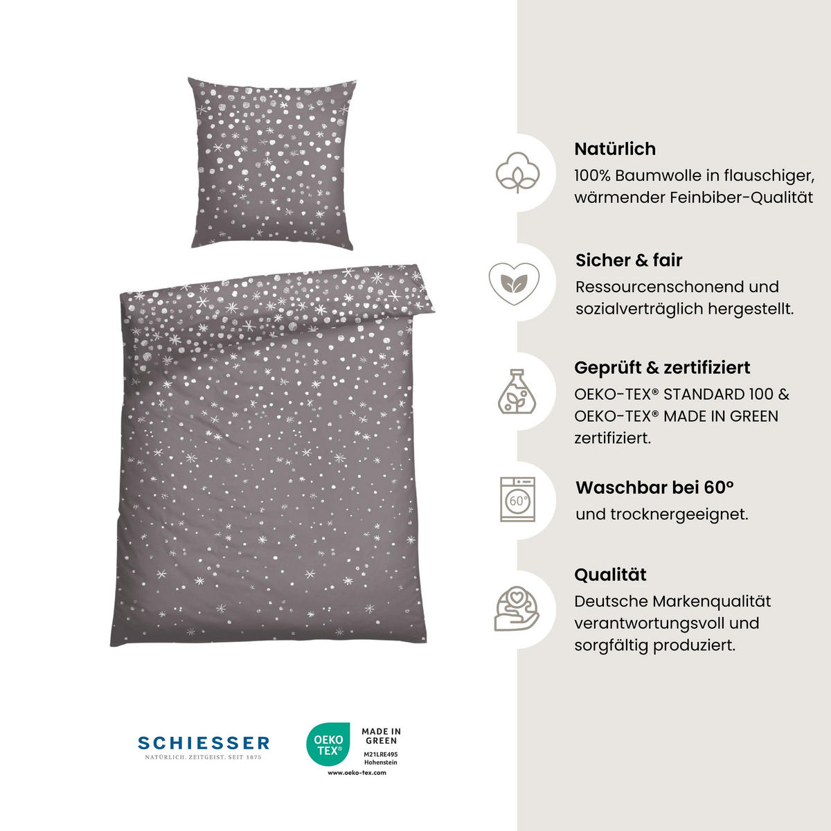 BETTWÄSCHESET Runa - Feinbiber - 2-teilig - 155 x 220 cm - Grau - Grau, Textil (155/220cm) - SCHIESSER