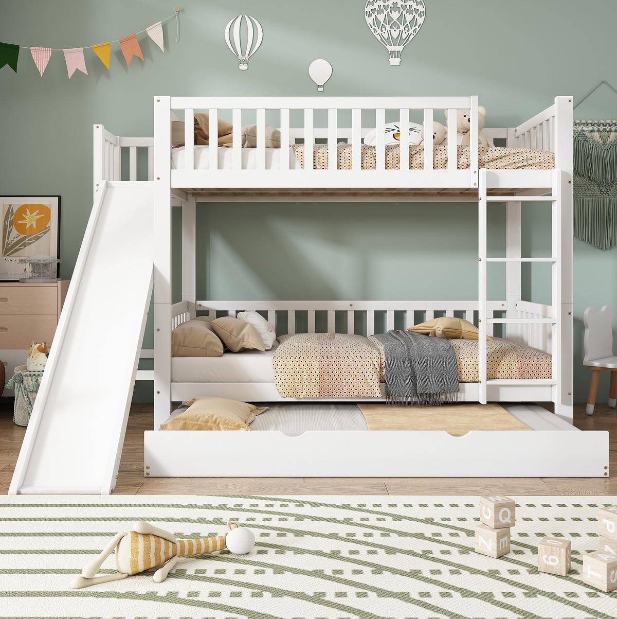 ETAGENBETT 90/200 und 90/190 cm Weiß mit Rutsche und Rollbett aus Kiefer und MDF - Weiß, Holzwerkstoff (90/200cm) - OKWISH