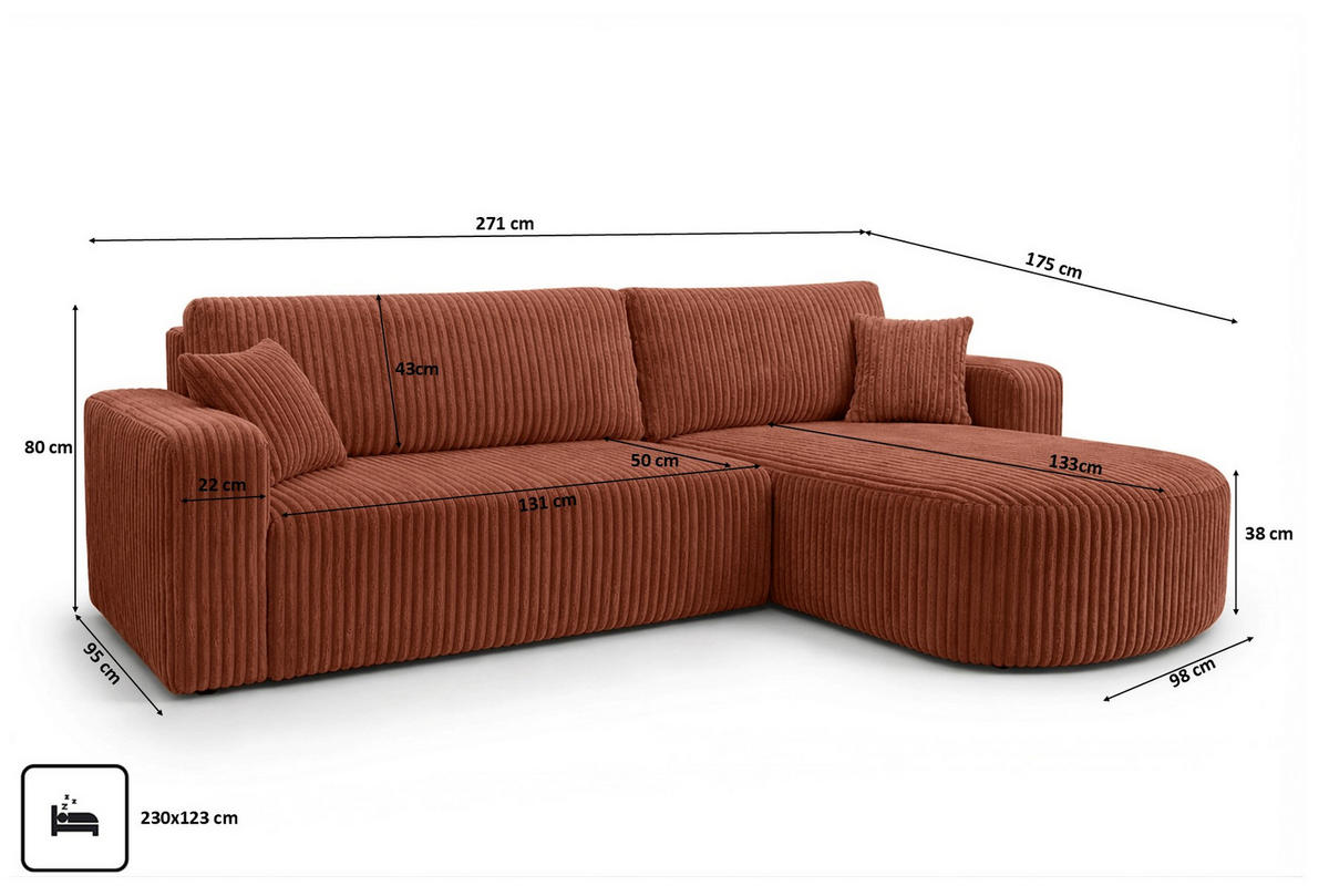 ECKSOFA Mit Schlaffunktion, Cordstoff Tilia, Kupfer, Rechts, ROUND ONE XL - Orange, Holz (271/175cm) - Kaiser Möbel