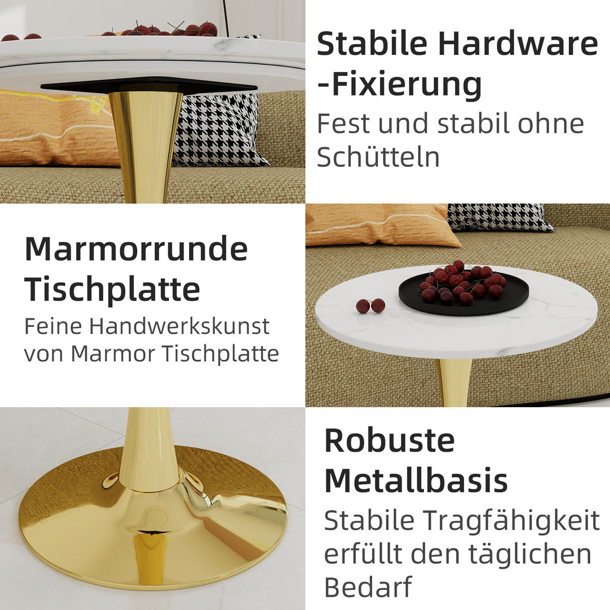 COUCHTISCH 70/70/72 cm Golden Weiß mit runder Kunstmarmorplatte - Goldfarben, Stein (70/70/72cm) - OKWISH