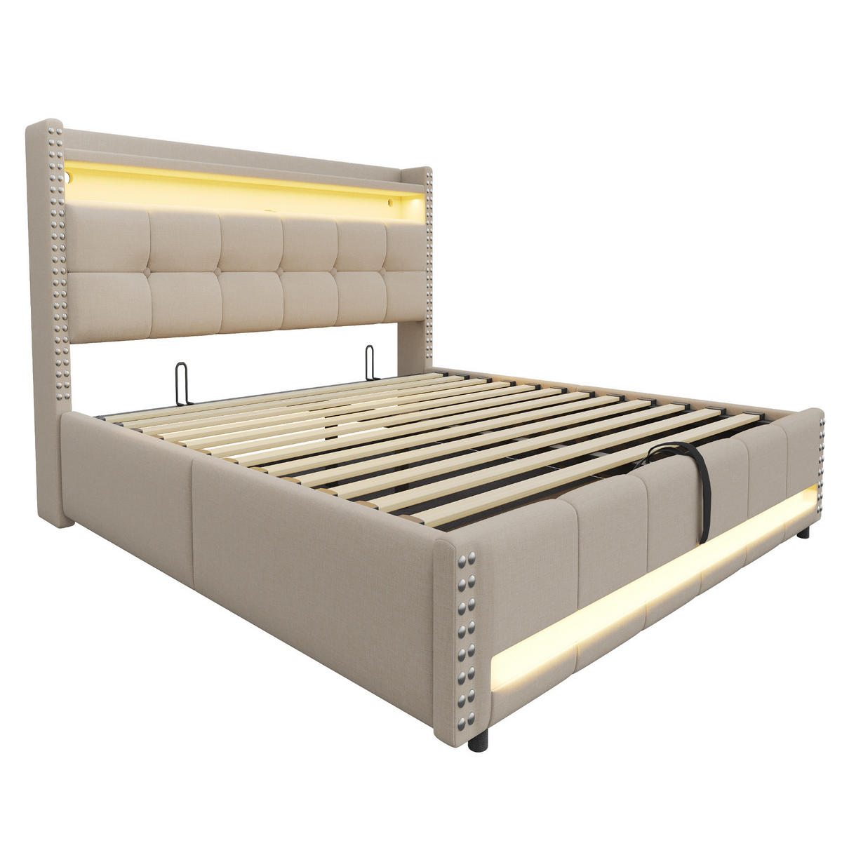POLSTERBETT 180/200 cm Beige aus Leinenstoff mit LED-Beleuchtung und Stauraum - Beige, Textil (180/200cm) - OKMYHOME