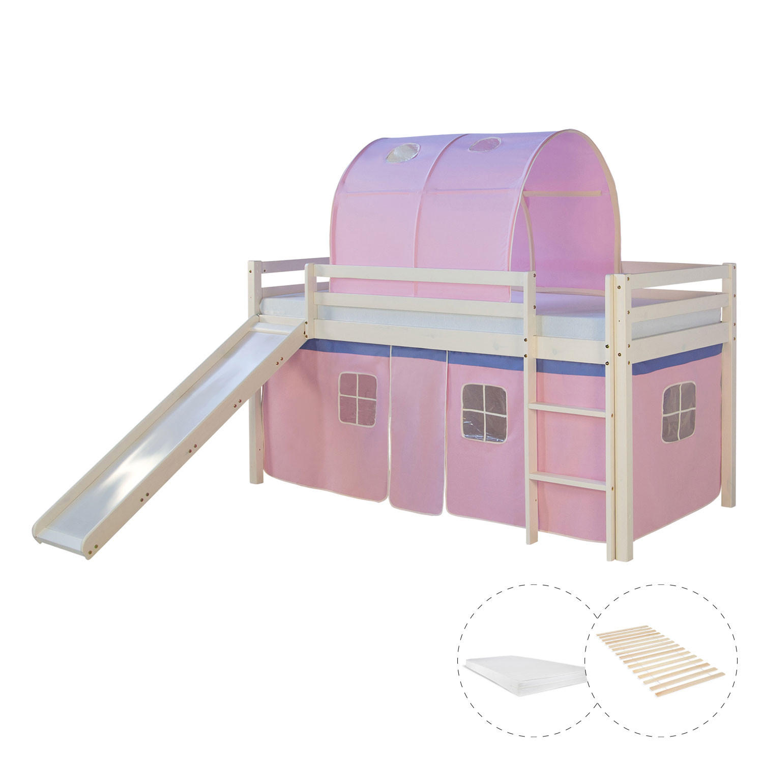HOCHBETT 90/200 in Rosa mit Lattenrost + Matratze - Weiß/Rosa, Holz (90/200cm) - Homestyle4u