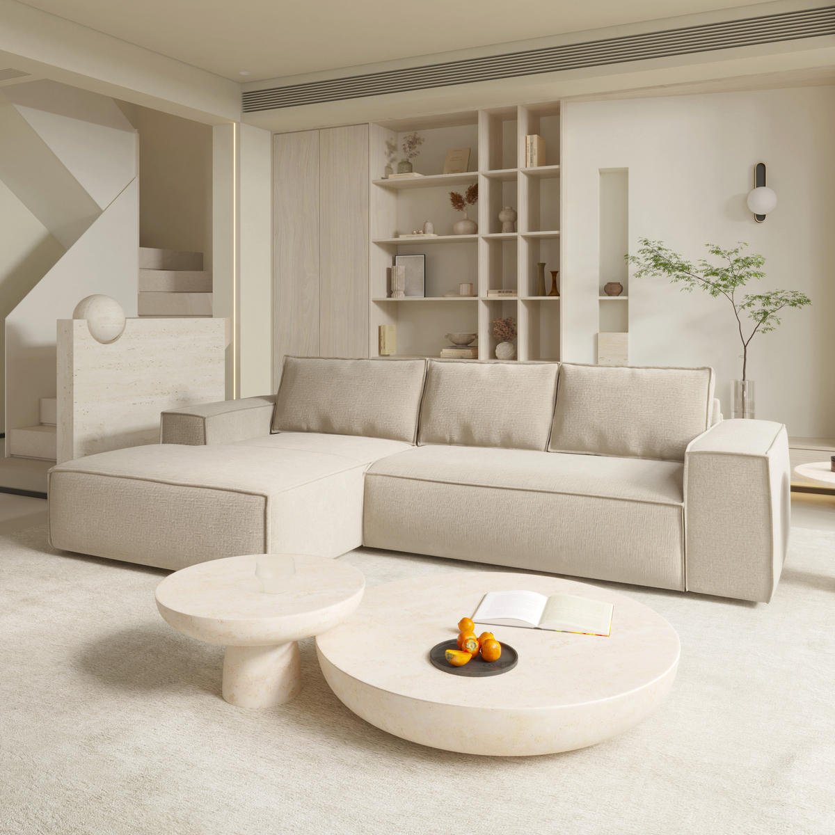 ECKSOFA LINKS Samt Creme 302cm - Creme, Textil (165/302cm) - Sia Home