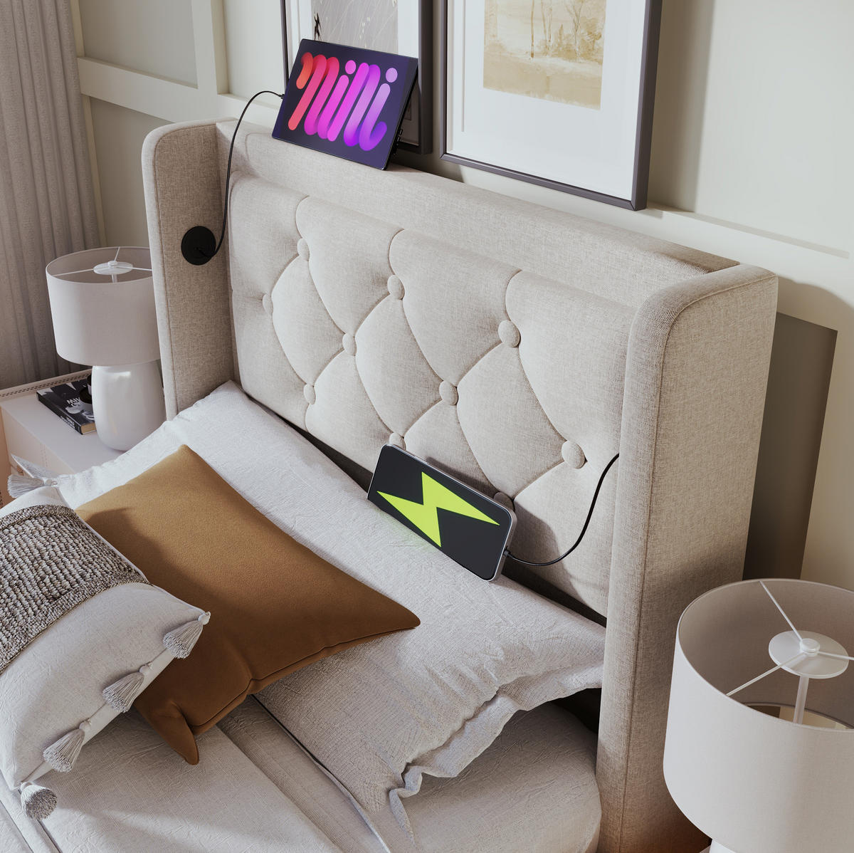 POLSTERBETT 90/200 cm Beige aus Baumwolle mit LED, Stauraum und USB-C - Beige, Textil (90/200cm) - OKMYHOME