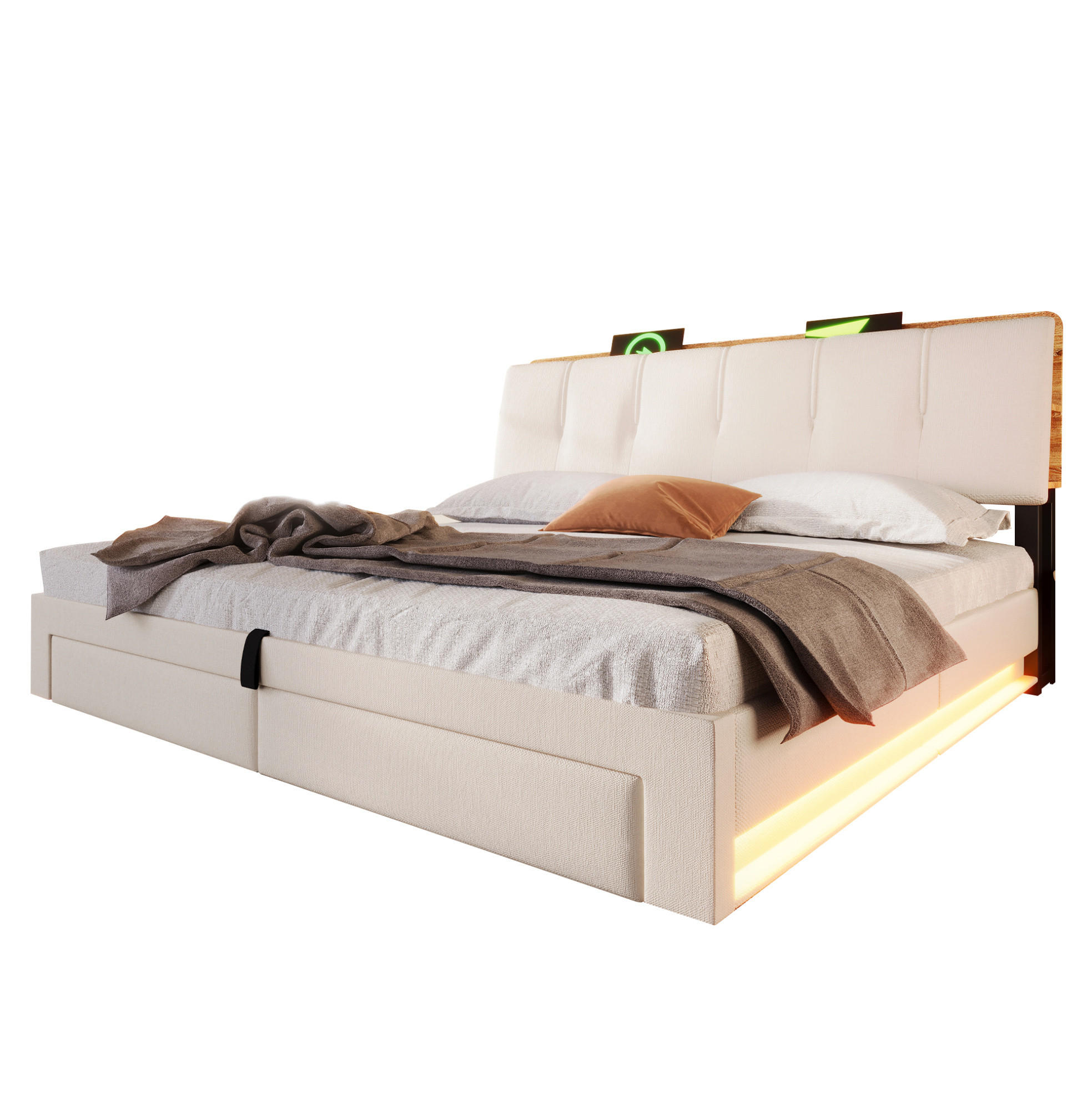 POLSTERBETT 180/200 cm mit USB-, Typ-C-Anschluss, LED und hydraulischem Stauraum, Leinen, Beige - Beige, Textil (180/200cm) - Redom