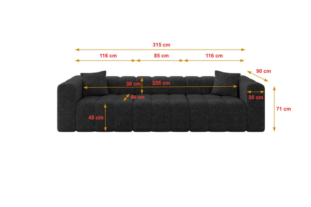 POHOVKA 3-MÍSTNÁ DONY-3 315x90x71 cm Černá Žinylka - černá, kompozitní dřevo/textil (315/71/90cm) - ALTDECOR