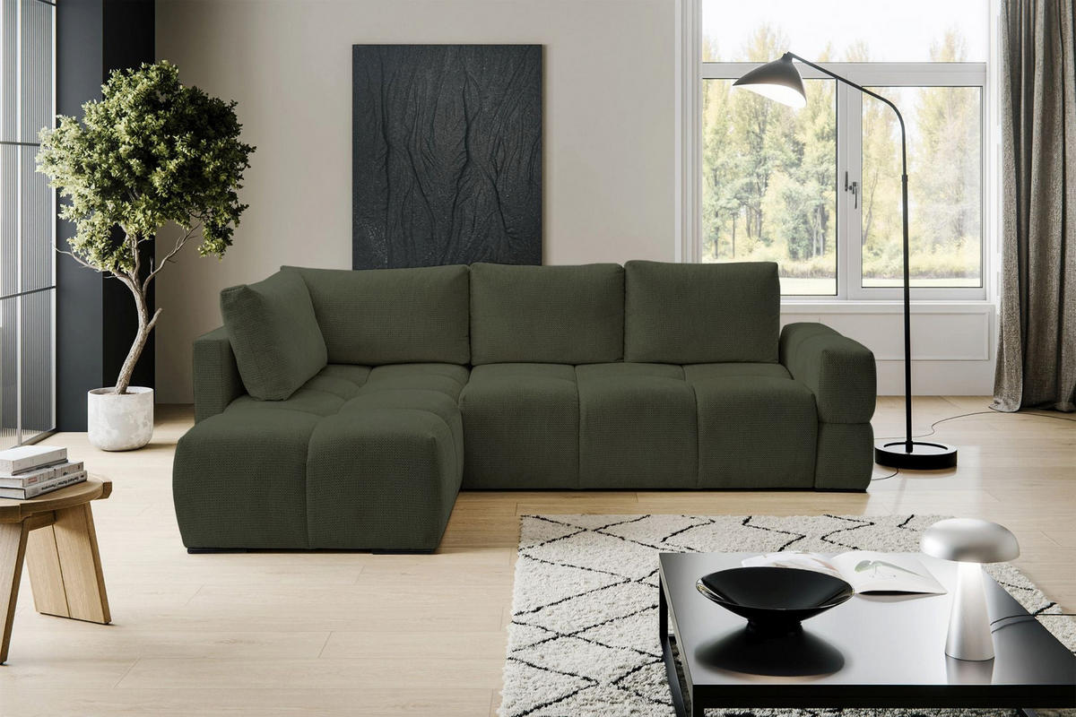 ECKSOFA Taremi mit Chenillebezug Olivgrün, beidseitig - Schwarz/Olivgrün, Textil (267/185cm) - Selsey