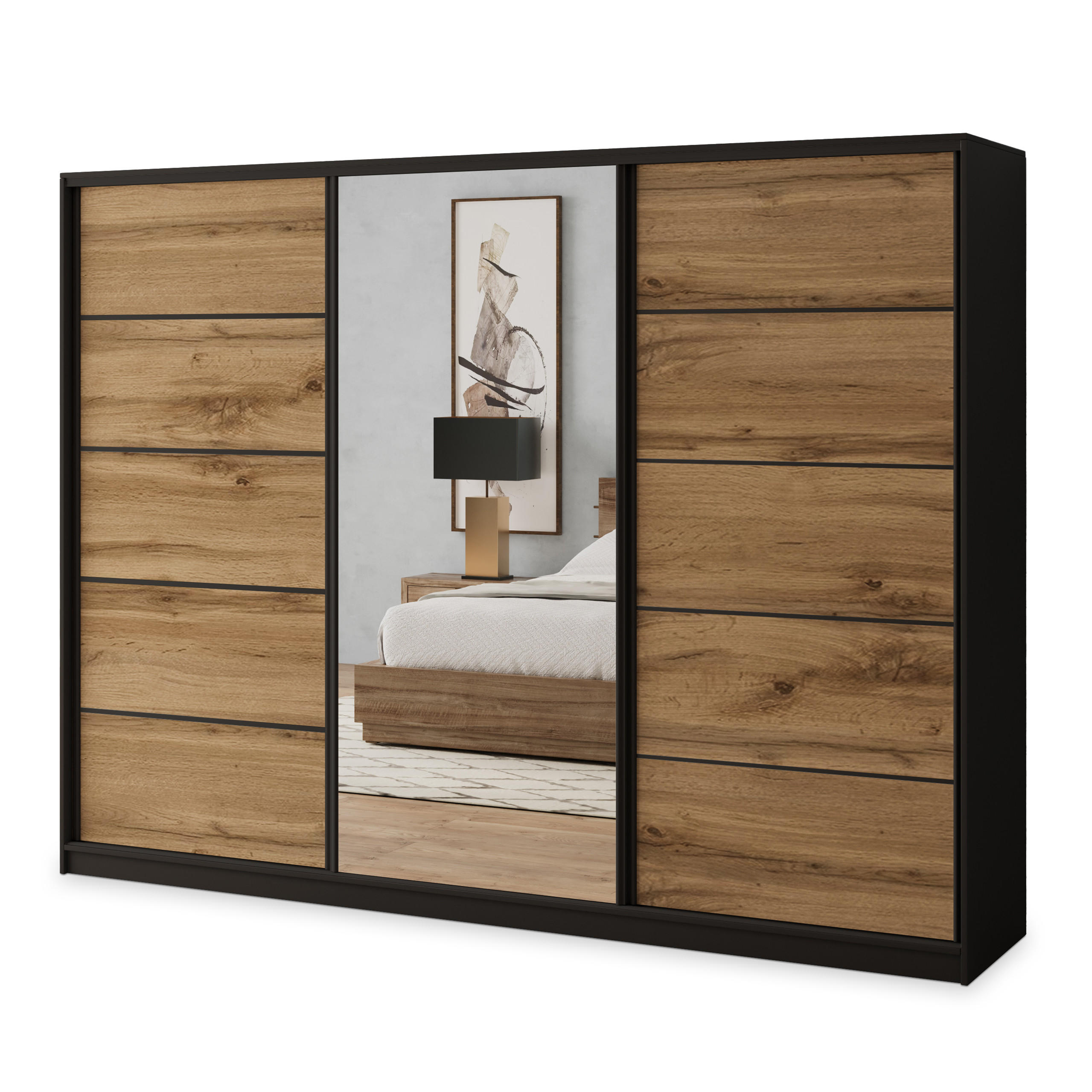 SCHWEBETÜRENSCHRANK NATA 270/205/58 cm 3-türig mit Spiegel und 4 Schubladen Schwarz - Eiche Wotan/Schwarz, Holzwerkstoff (270/205/58cm) - MASSENO