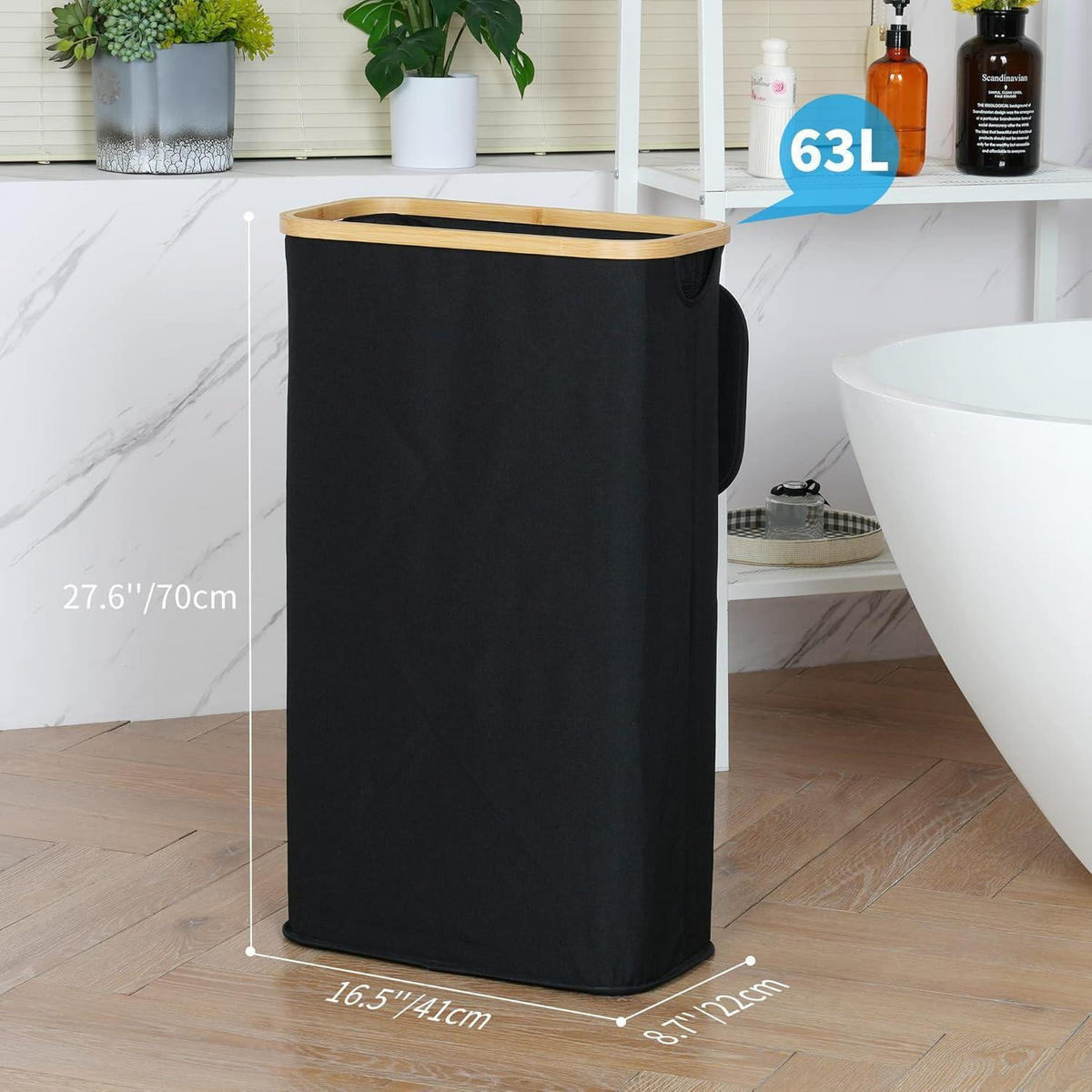 WÄSCHEKORB schmal 63L mit Deckel und herausnehmbarem Beutel - Schwarz, Naturmaterialien (20/70/40cm)