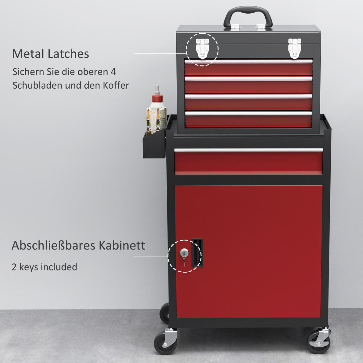WERKSTATTWAGEN mit Rollen, mit 5 Schubladen, Max. Belastung 130kg, Schwarz+Rot - Rot, Metall (60/102/28cm) - HOMCOM