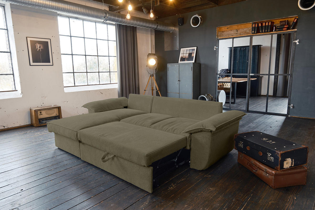 ECKSOFA DAMETO Grün Cord - Schwarz/Olivgrün, Kunststoff/Textil (266/174cm) - KAWOLA