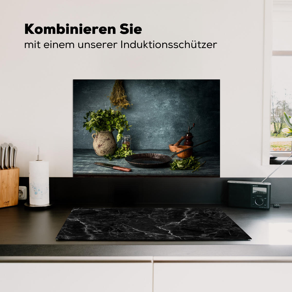 SPRITZSCHUTZ KÜCHE Kräuter - Gewürze - Pfanne - Messer - Grau - Rustikal 60x40 cm - Petrol, Metall (60/0.3/40cm) - MuchoWow